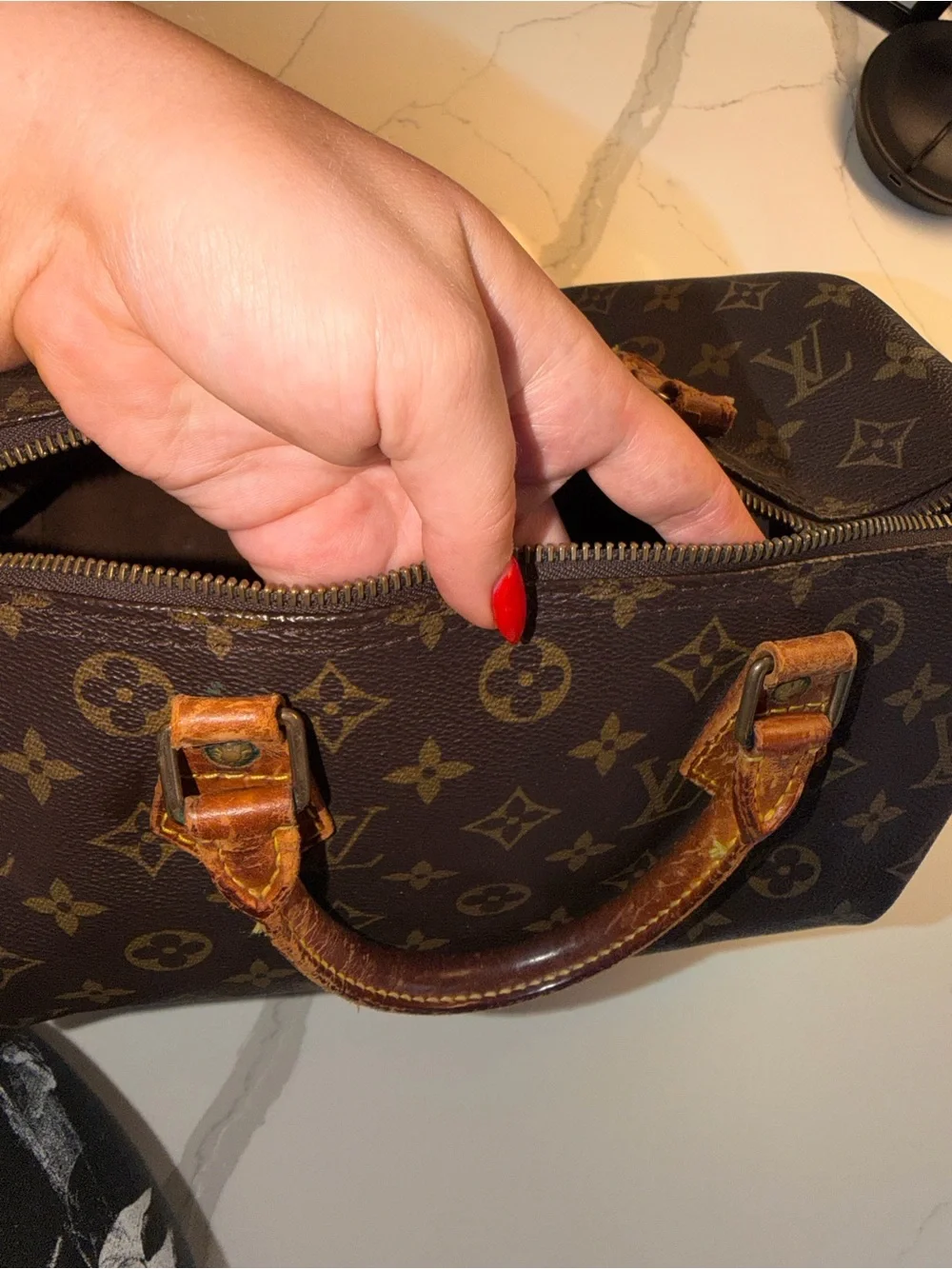 Louis Vuitton Brown Monogram Speedy with Tan Handles